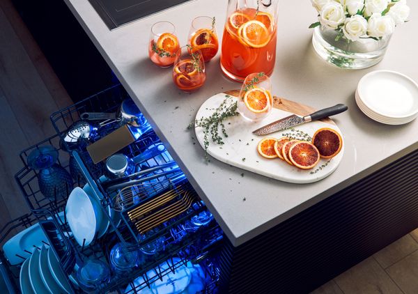 Overhead view of an open Thermador Sapphire dishwasher