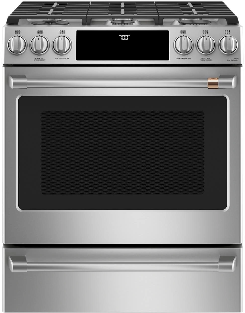 Credit: Café Front view of the Café CGS700P2MS1 slide in gas range