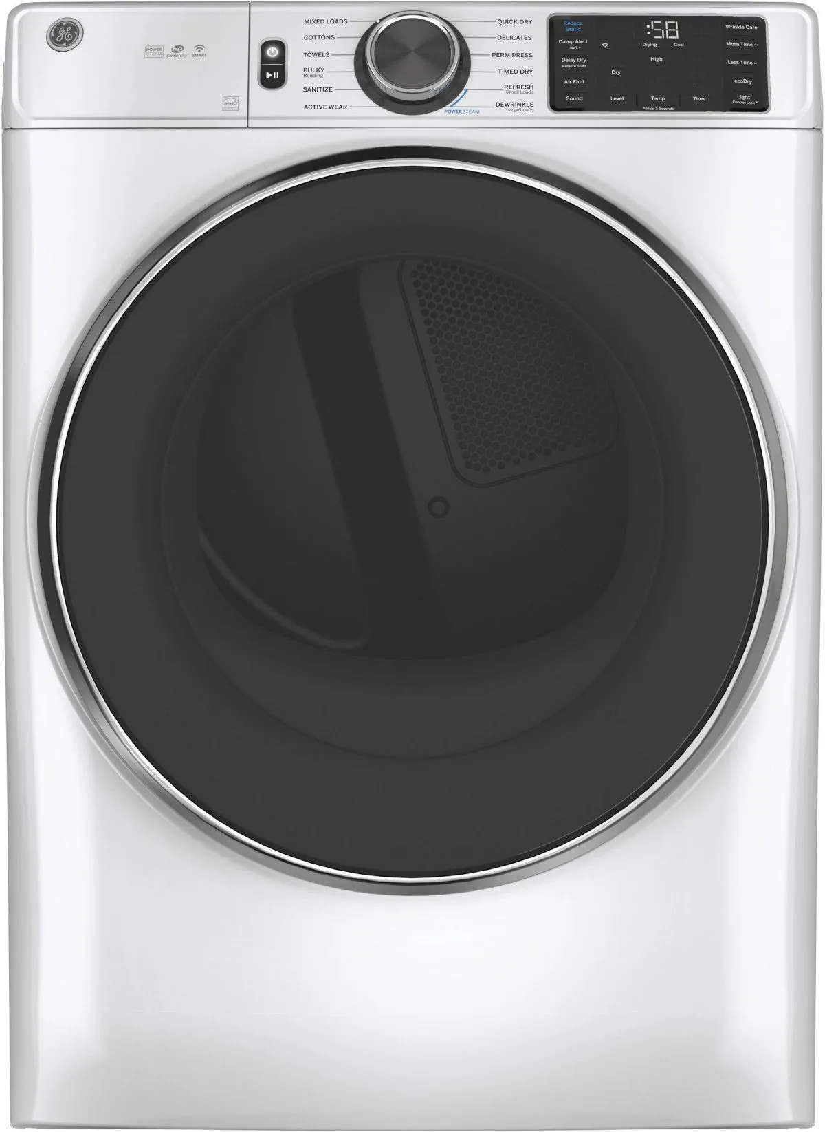 Credit: GE Front view of the GE GFD65ESSNWW dryer