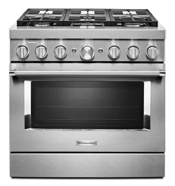 Front view of the KitchenAid KFDC506JSS dual fuel range 