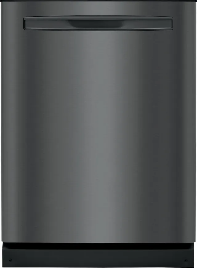 Front view of the Frigidaire Gallery FGIP2468UD black stainless steel dishwasher 