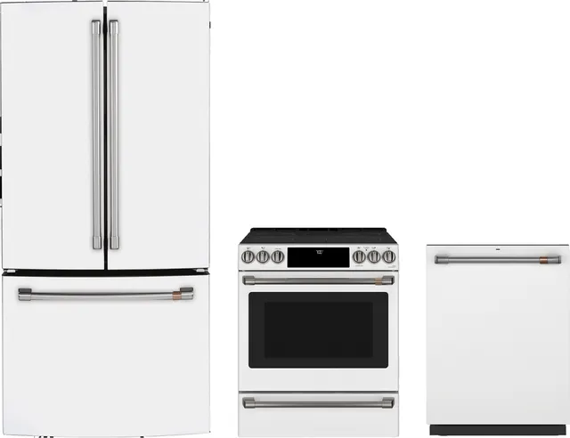 A Café 3-piece kitchen appliance package with a French door refrigerator, slide in rang, and dishwasher 