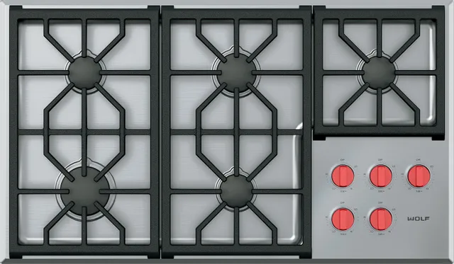 Overhead view of the Wolf CG365P/S five-burner gas cooktop 