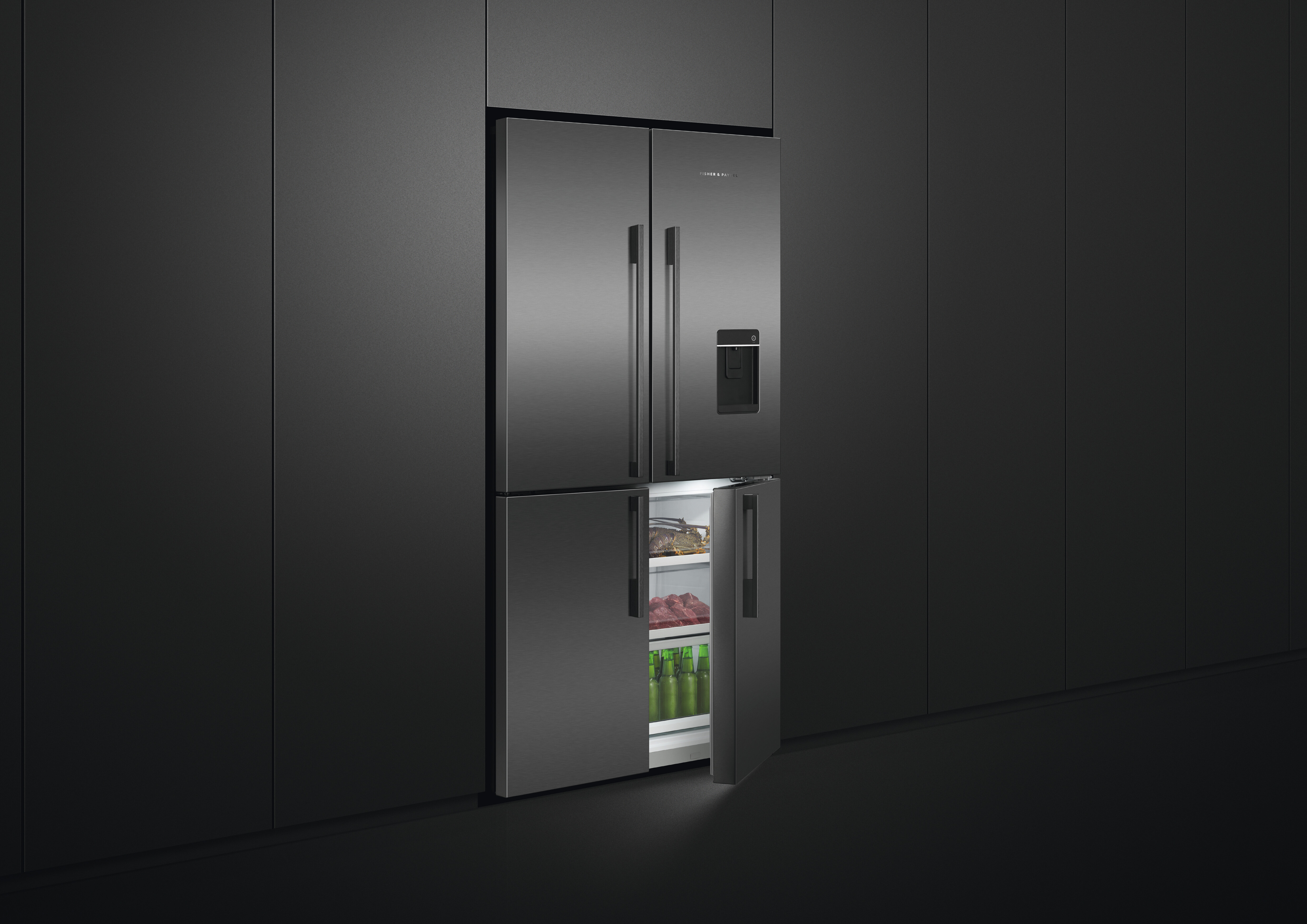 The Fisher & Paykel RF605QDUVB1 quad door refrigerator in an dark themed editorial graphic 