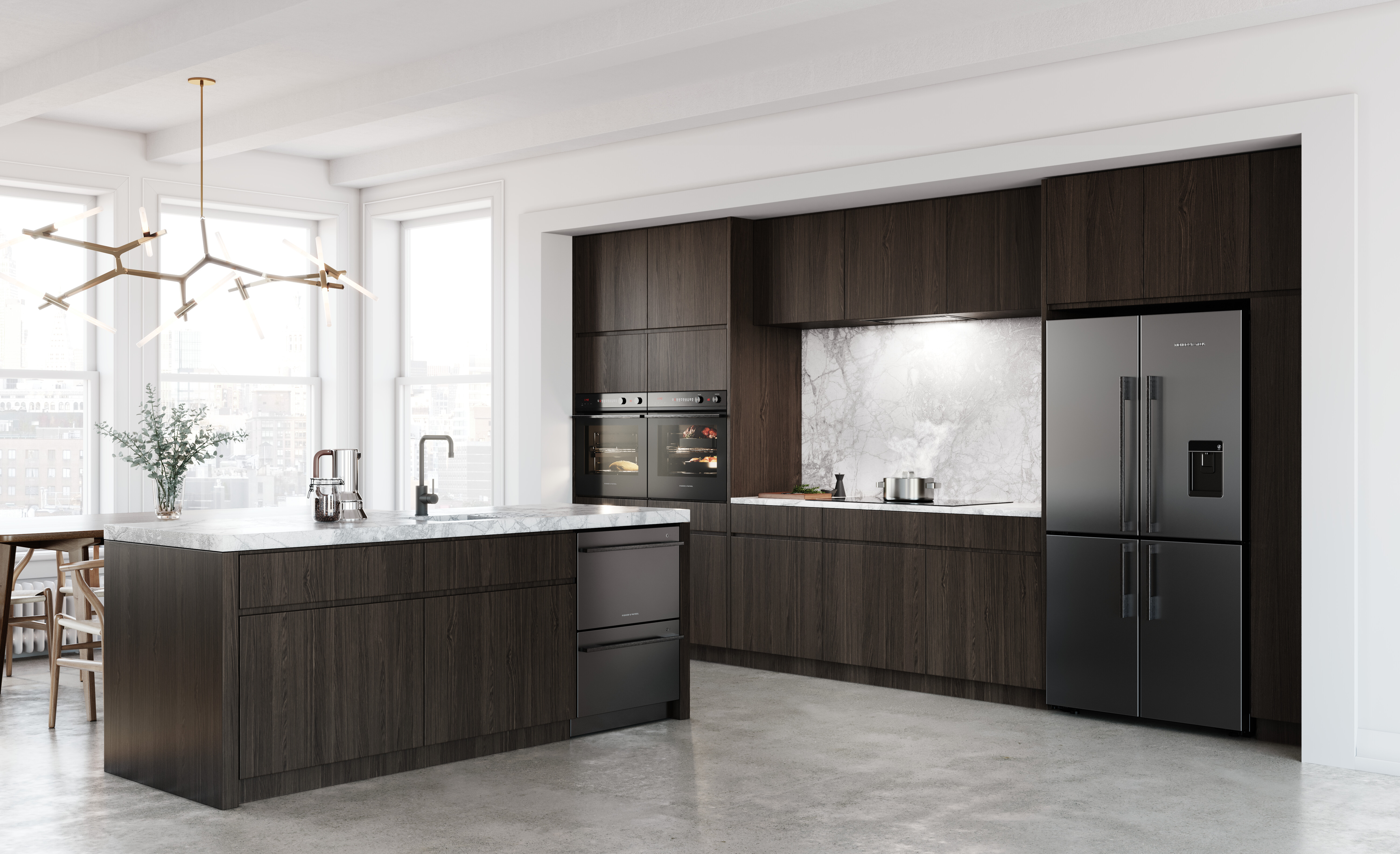 A Fisher & Paykel black French door refrigerator in a modern kitchen 