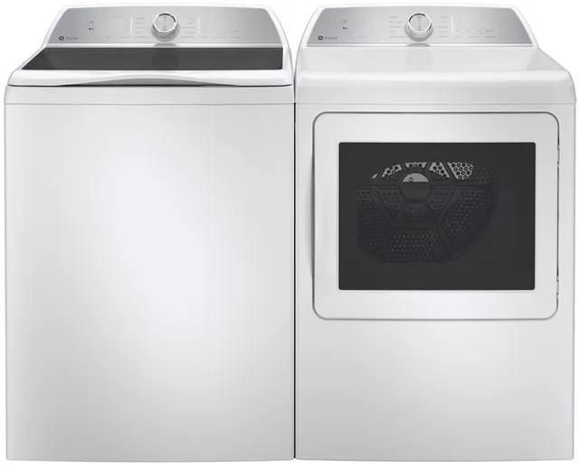Credit: GE Profile Front view of a GE Profile washer pair featuring a GE Profile PTW600BSRWS washer and GE Profile PTD60EBSRWS dryer