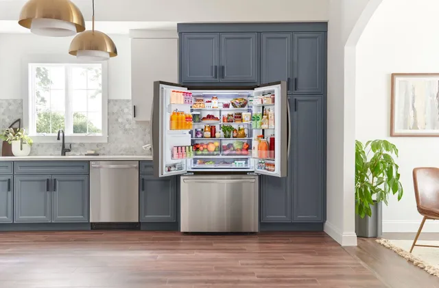 The LG LRFOC2606S French door refrigerator with its doors open and full of contents 