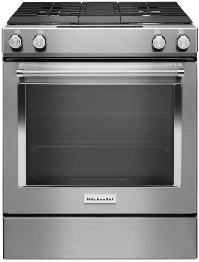  Front view of the KitchenAid KSDG950ESS 30” dual fuel range 