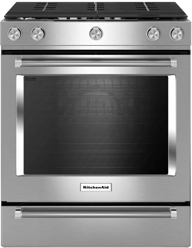 Front view of the KitchenAid KSGG700ESS  30” slide-in gas range 