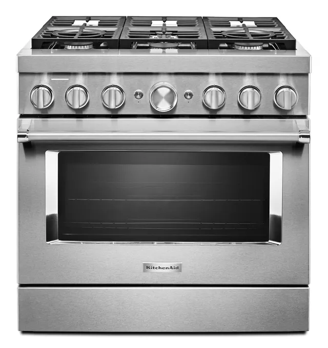 Front view of the KitchenAid KFDC506JSS 36” Pro-Style dual fuel range 