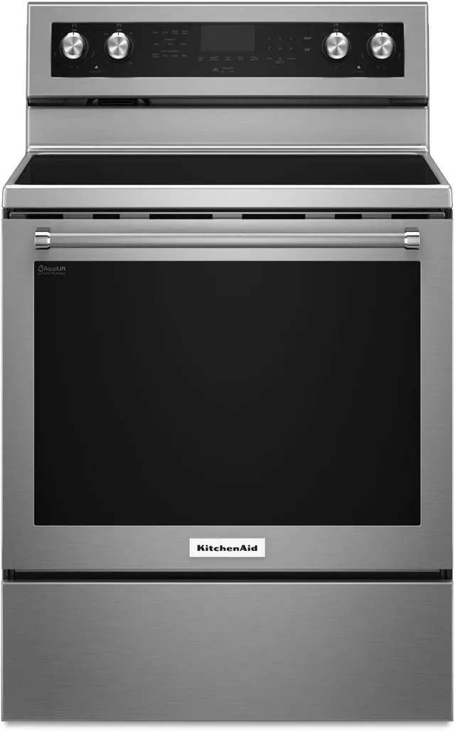Front view of the KitchenAid KFEG500ESS 30” electric range 
