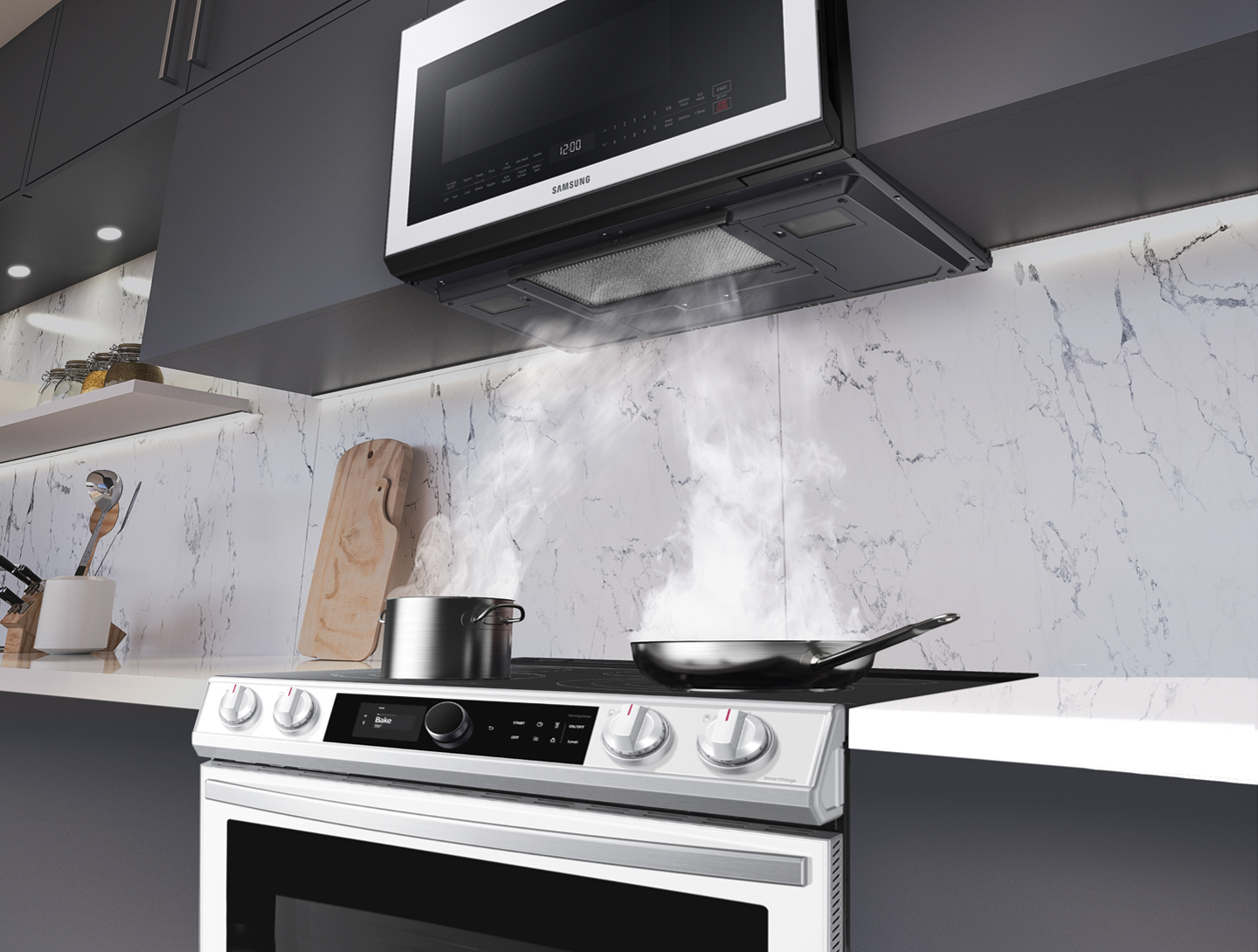 Credit: Samsung The Samsung ME21B706B12 over-the-range microwave ventilating smoke from a range