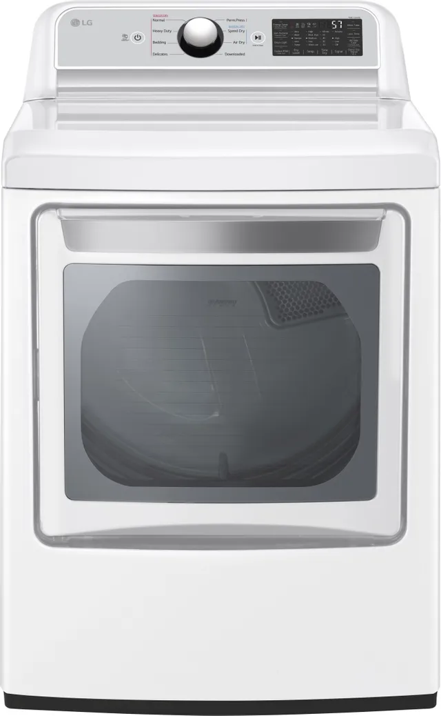 Front view of the LG DLE7400WE electric dryer 