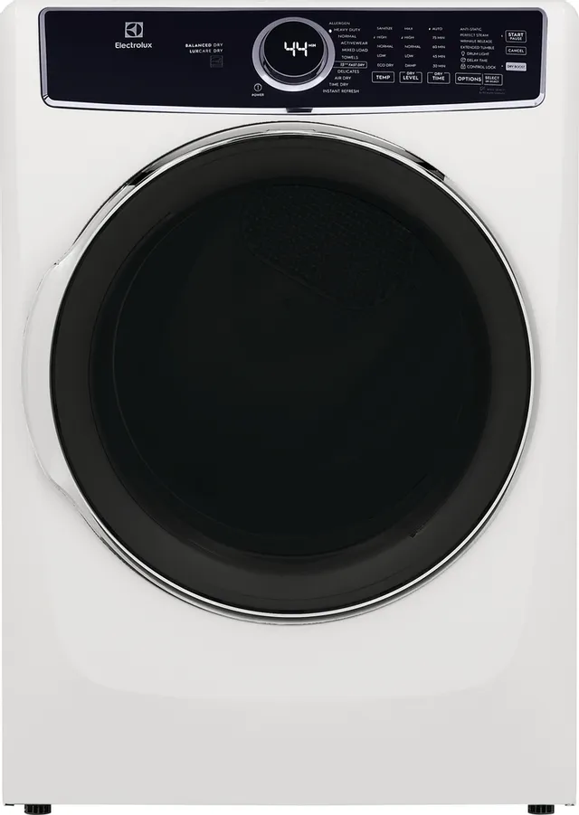 Front view of the Electrolux ELFE7637AW electric dryer 