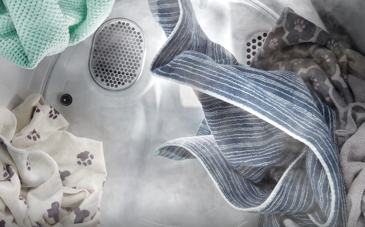 Clothes drying on the steam setting inside of a Maytag dryer 