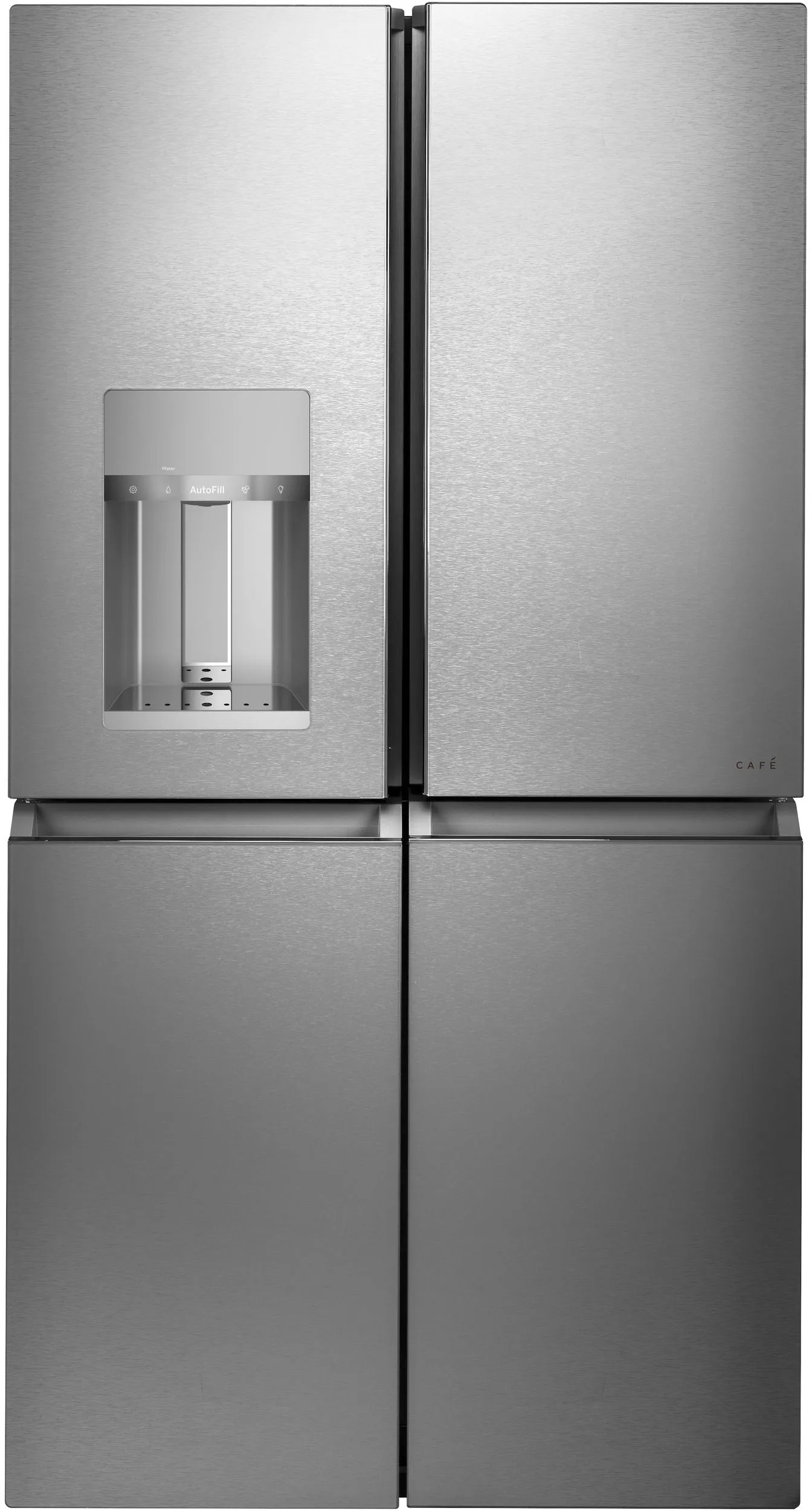 Front view of the Café CQE28DM5NS5 quad door refrigerator 