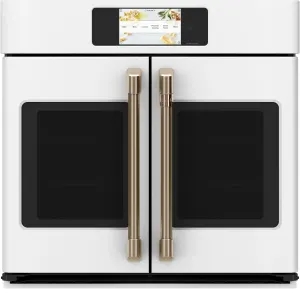 Front view of a matte white Cafe French door oven
