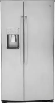 Front view of the GE Profile PSE25KYHFS side by side refrigerator 