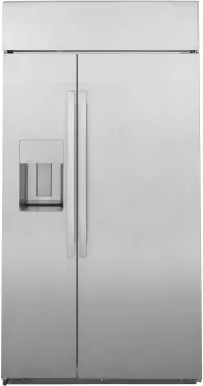 Front view of the GE Profile PSB42YSNSS built in side by side refrigerator 