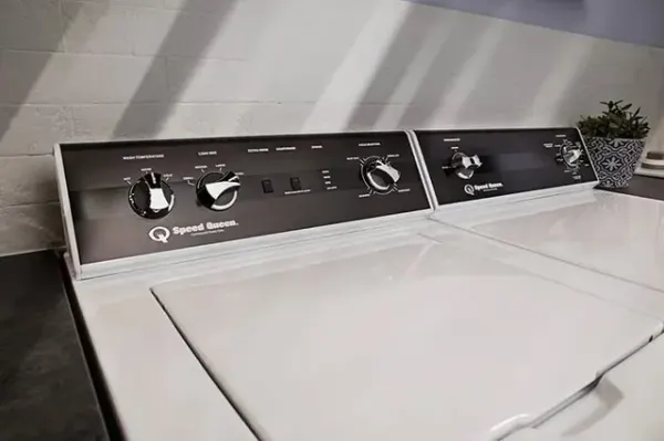 An up-close look at a Speed Queen top load washer and dryer pair 