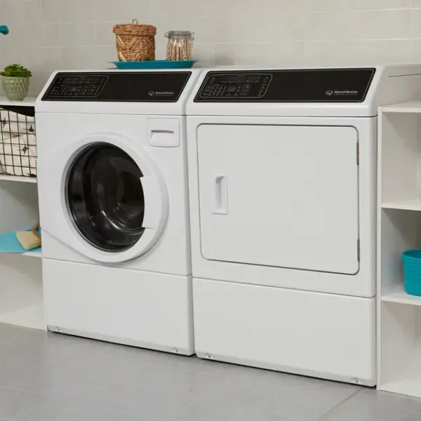 The Speed Queen DF7004WE dryer with a  matching washer in a laundry room 