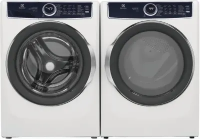Front view of the Electrolux ELFW7637BW washer and Electrolux ELFE7637BW dryer laundry pair 