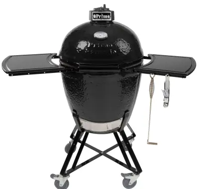 Front view of the Primo Grills all-in-one kamado grill with accessories 