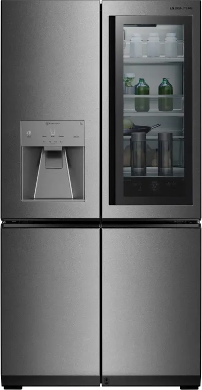 Front view of the LG Signature URNTS3106N French door refrigerator