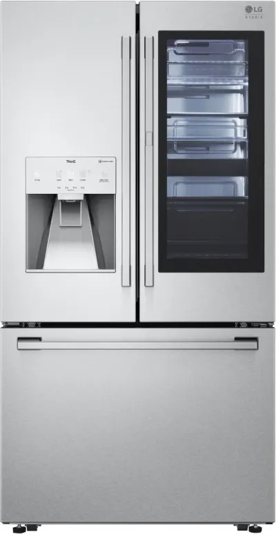 Front view of the LG Studio SRFVC2416S French door refrigerator 