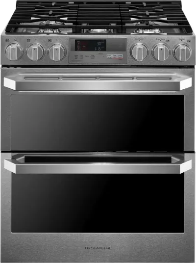 Front view of the LG Signature LUTD4919SN double oven dual-fuel range 