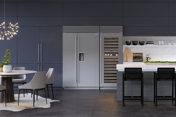 The Sub-Zero CL4850SD side by side refrigerator and CL3050W wine cooler featured in a high-end kitchen