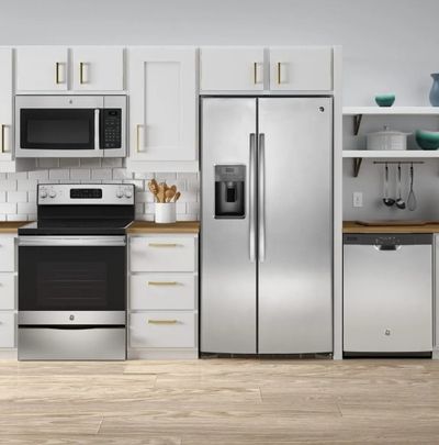 A stainless steel GE appliance package