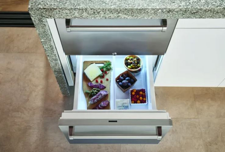 Overhead view of a double drawer refrigerator