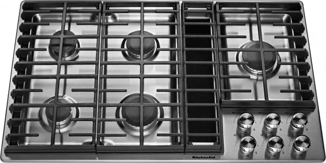 Overhead view of the KitchenAid KCGD506GSS 36” gas downdraft cooktop 