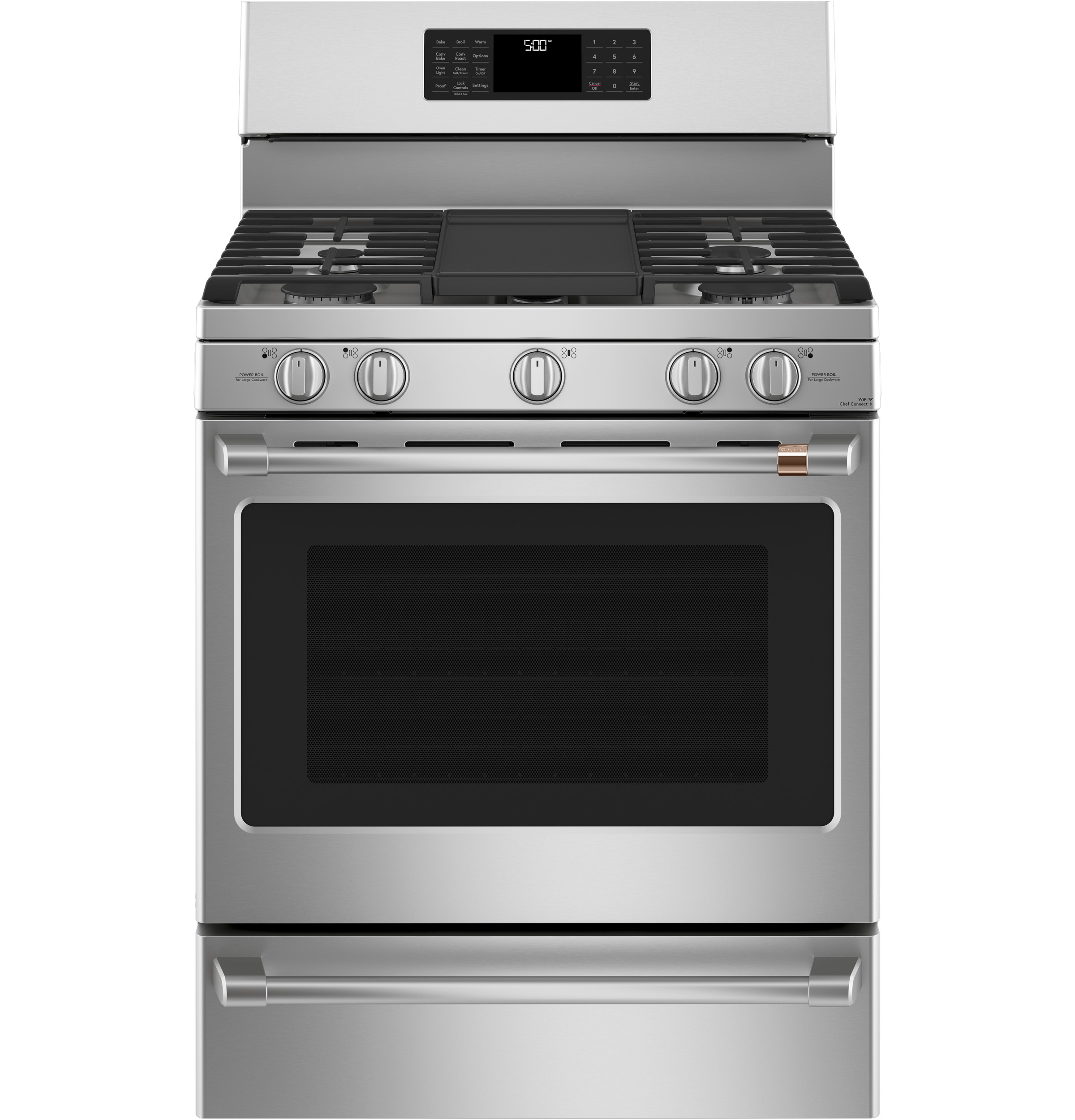 Cafe stainless steel range with brass ring around oven handle