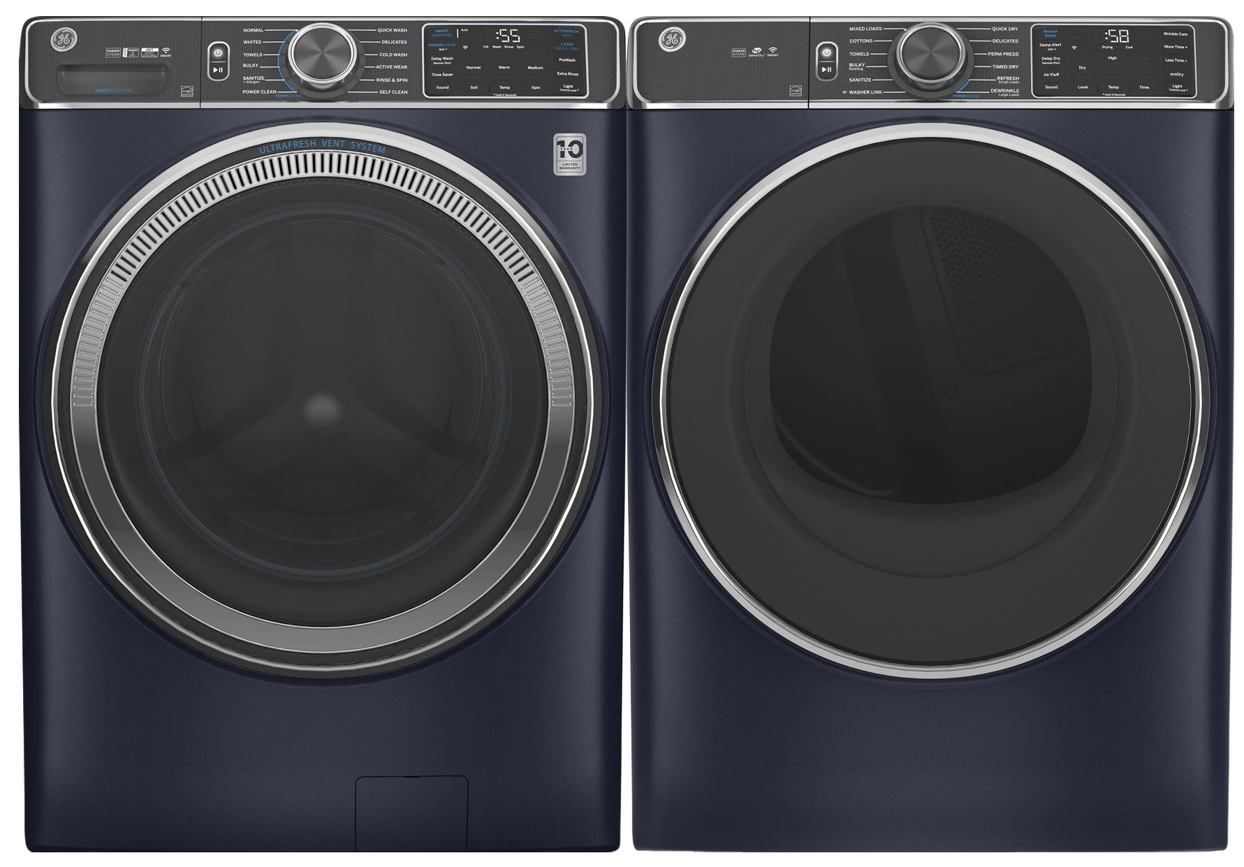 Front view of GE GFW850SPNRS washer and GE GFD85ESPNRS dryer pair 