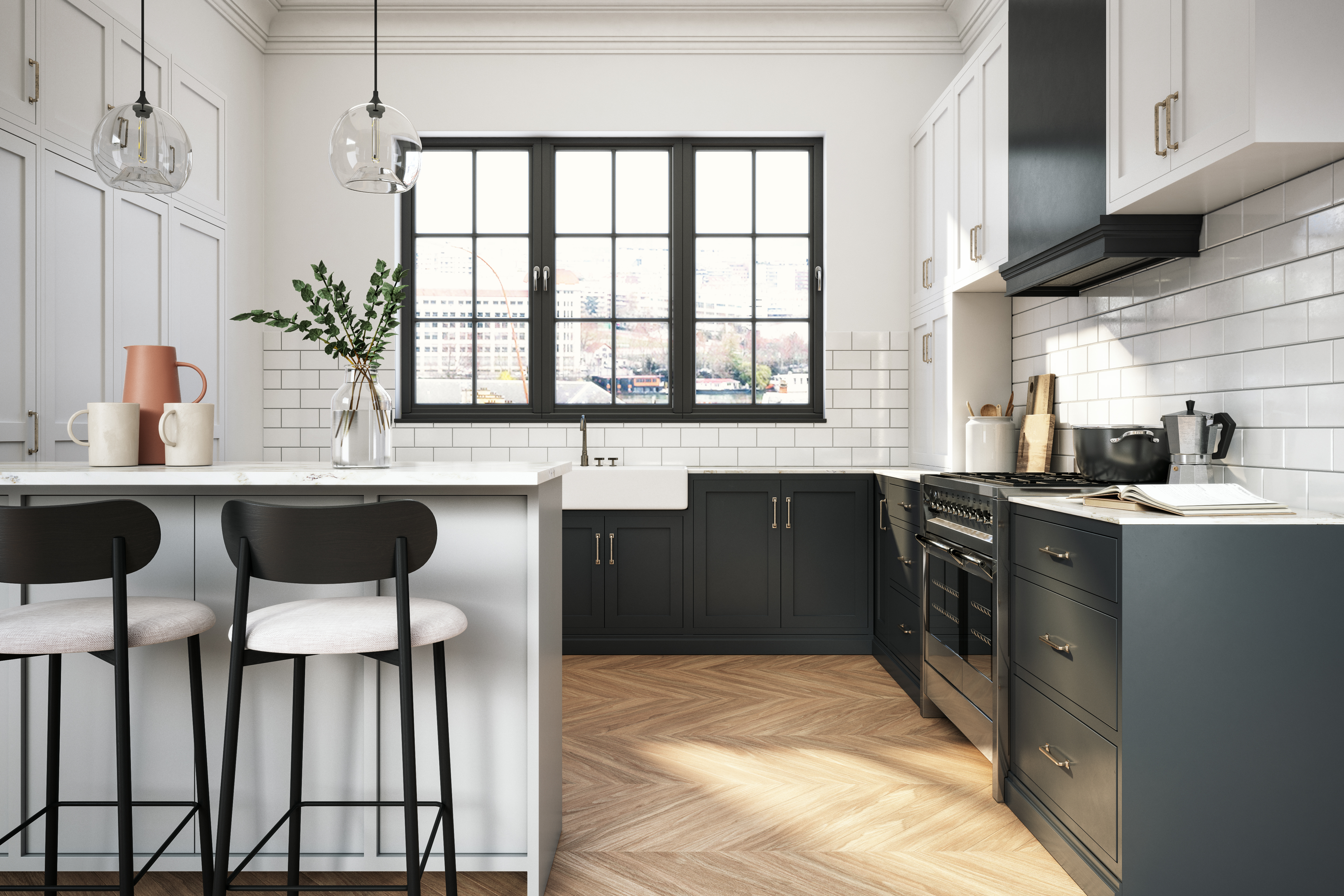 A black and white themed kitchen 