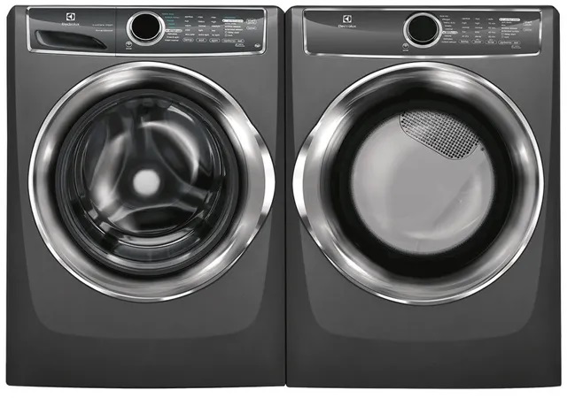 Credit: Electrolux Front view of Electrolux front load washer and dryer pair