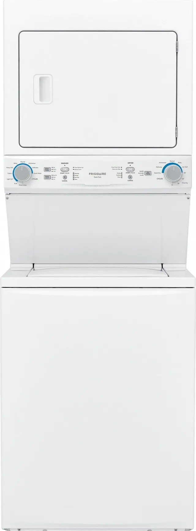 Credit: Frigidaire Front view of Frigidarie FLCE7522AW stackable washer dryer pair