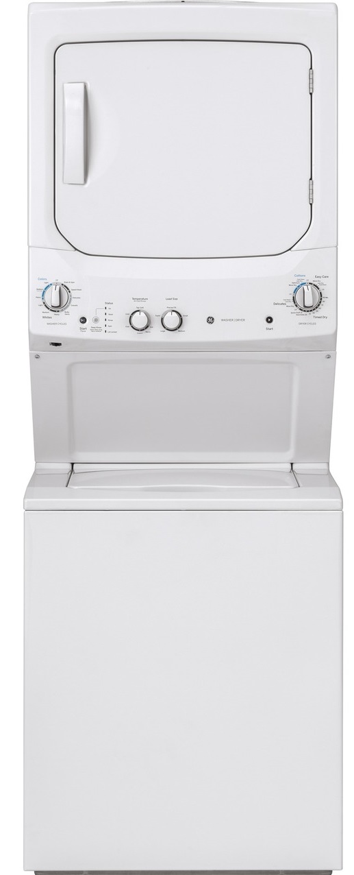 Credit: GE Front view of GE GUD27ESSMWW stackable washer dryer pair