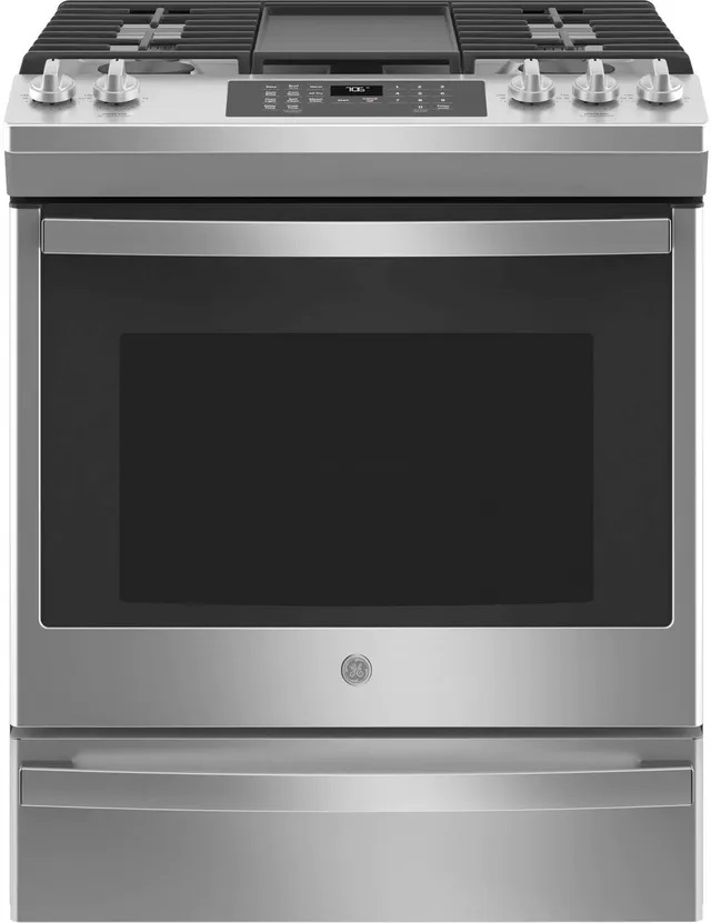 GE Front view of GE JGS760SPSS 30-inch gas slide in convection range