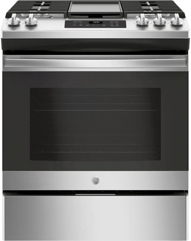 GE Front view of GE JGSS66SELSS 30-inch slide in gas range