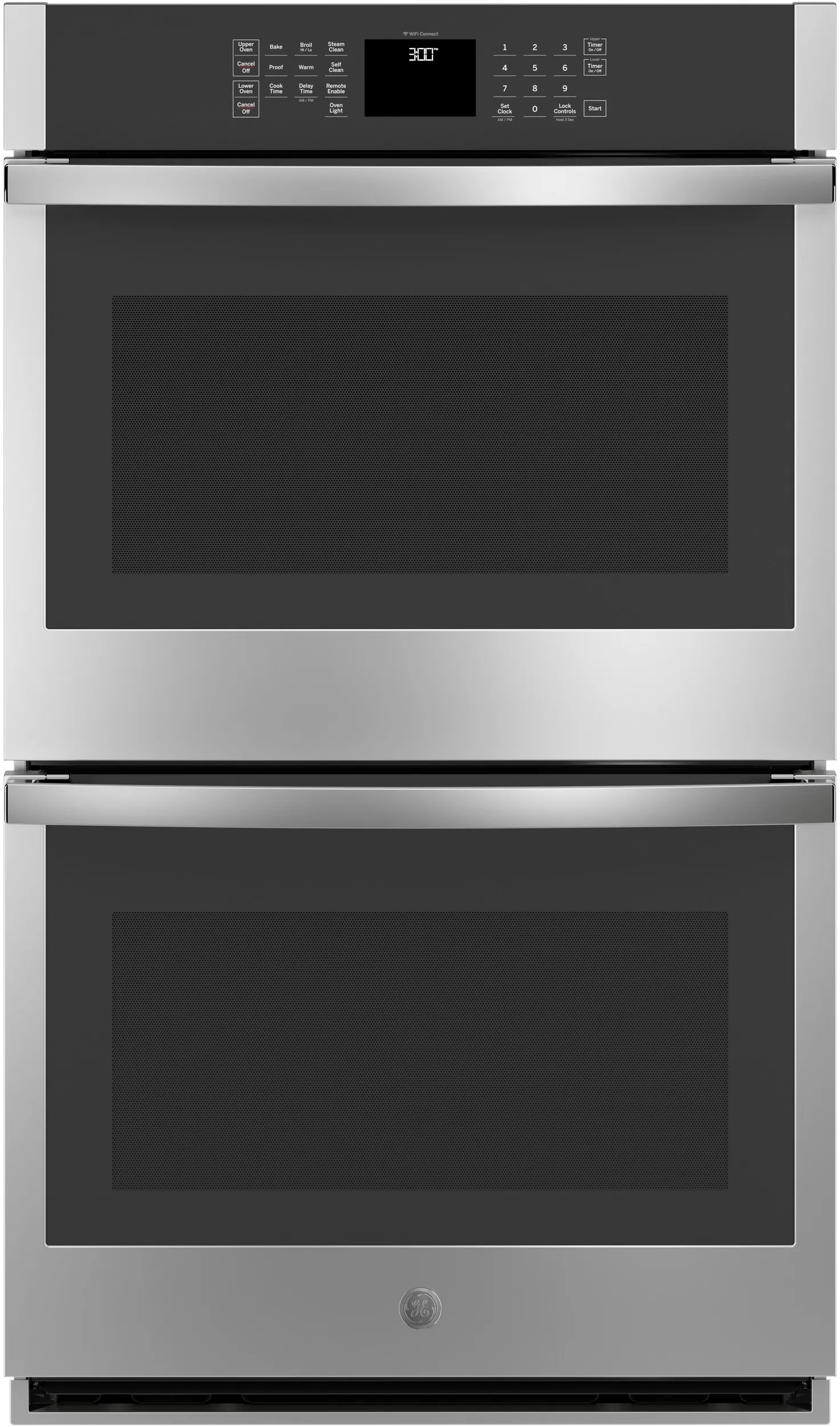 Front view of GE JTD3000SNSS 30-inch smart double wall oven 