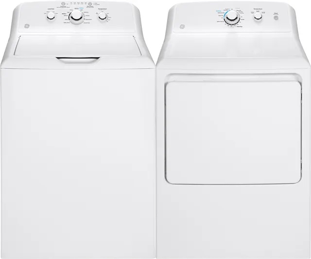 Credit: GE Front view of GE top load washer and dryer pair