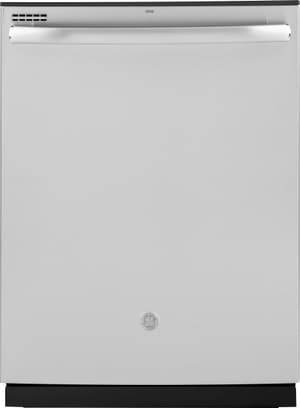 Stock photo of a stainless steel GE brand dishwasher.