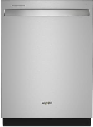 Stock photo of a stainless steel Whirlpool brand dishwasher.