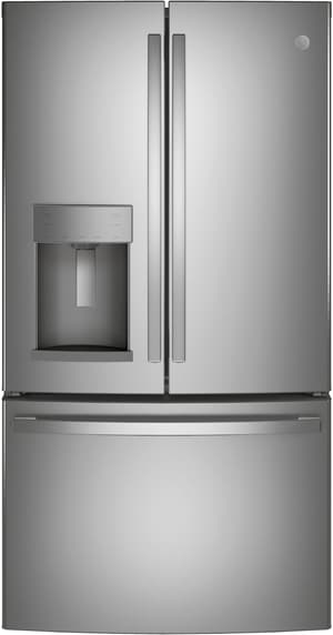 Stock photo of a stainless steel GE brand French door refrigerator. 