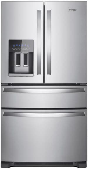 Stock photo of a stainless steel Whirlpool brand French door refrigerator.