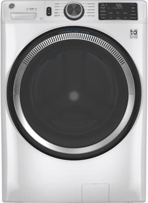 Stock photo of a white GE brand front load washing machine. 