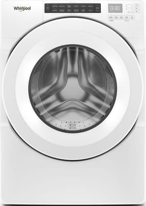 Stock photo of a white Whirlpool brand front load washing machine.